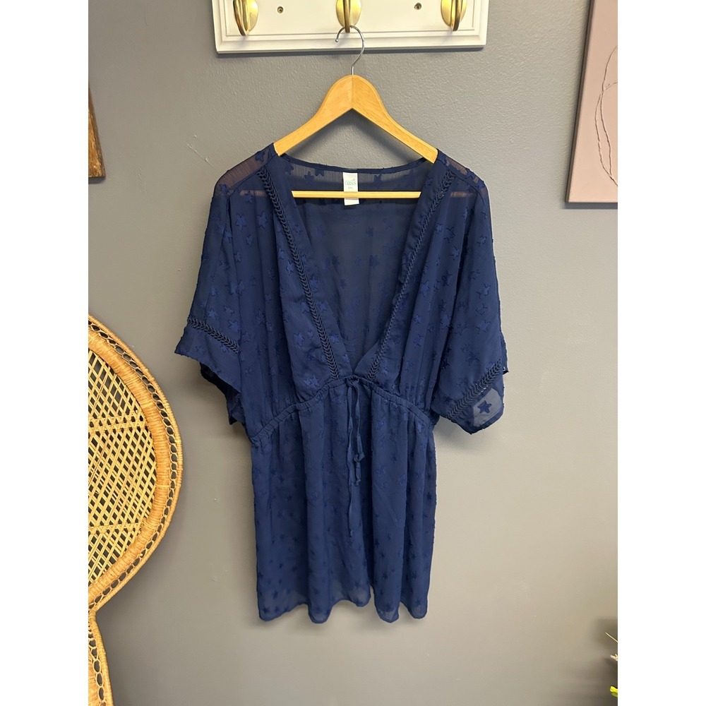 Outdoor Oasis Womens Plus Size XXL Navy Blue Star Embroidered Swim Cover Up 2X